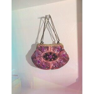 Pink Floral Beaded Sequin Evening Bag Chain Strap Art Deco Style Purse